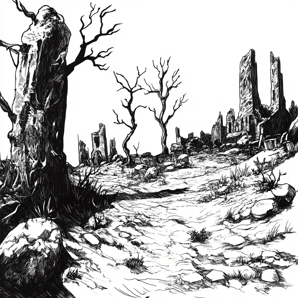 Heavily-inked comic art depicting a desolate post-apocalyptic landscape - Image 1