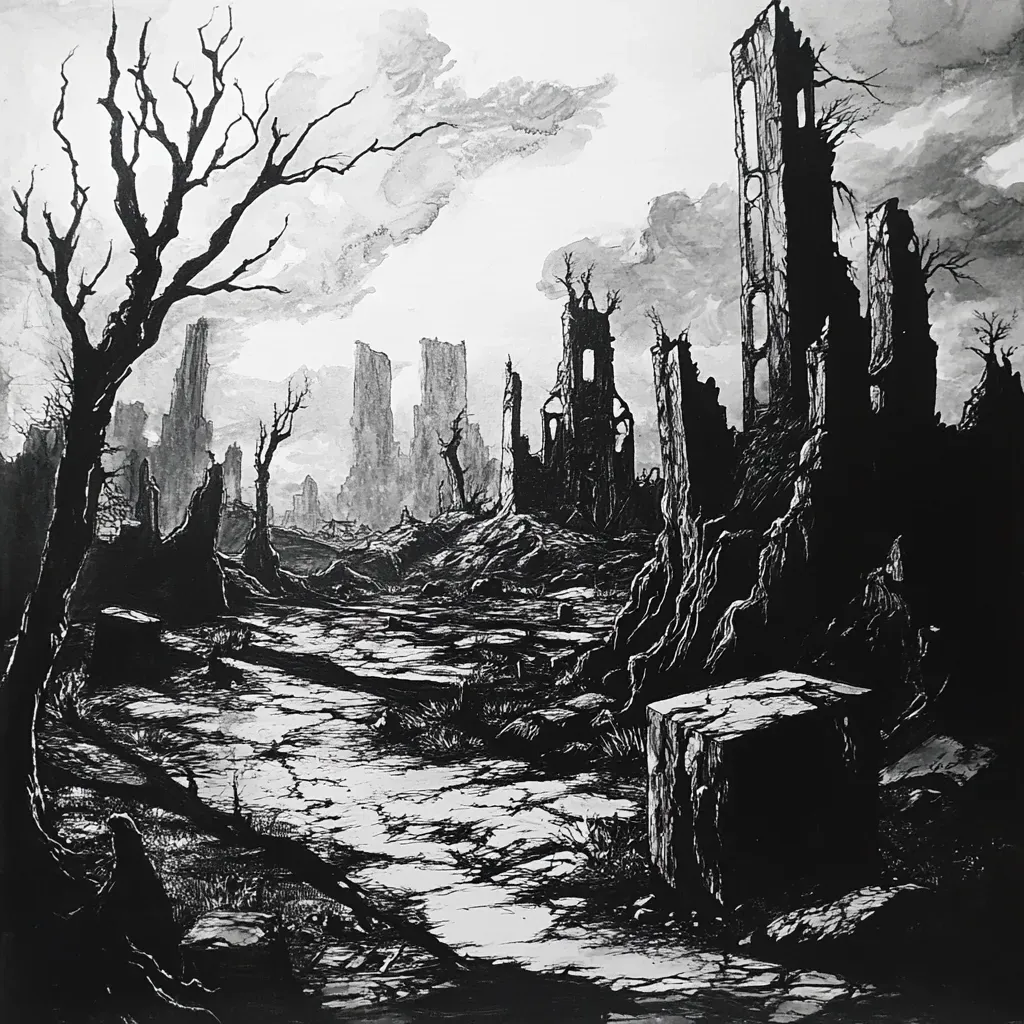 Heavily-inked comic art depicting a desolate post-apocalyptic landscape - Image 2