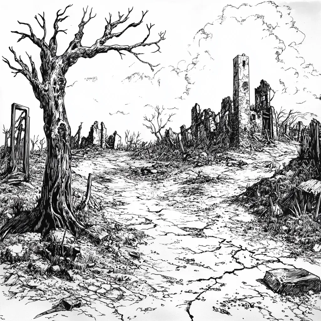 Heavily-inked comic art depicting a desolate post-apocalyptic landscape - Image 3