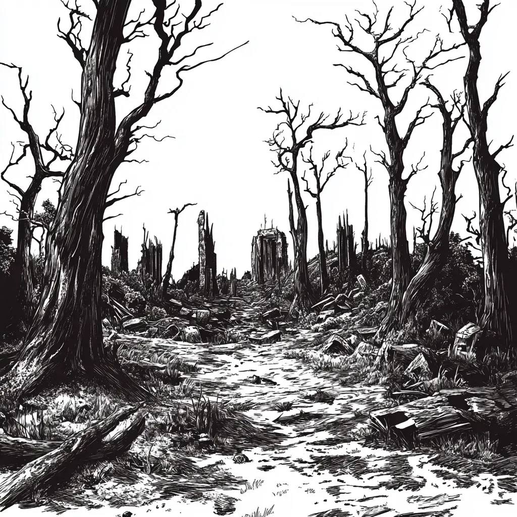 Heavily-inked comic art depicting a desolate post-apocalyptic landscape - Image 4