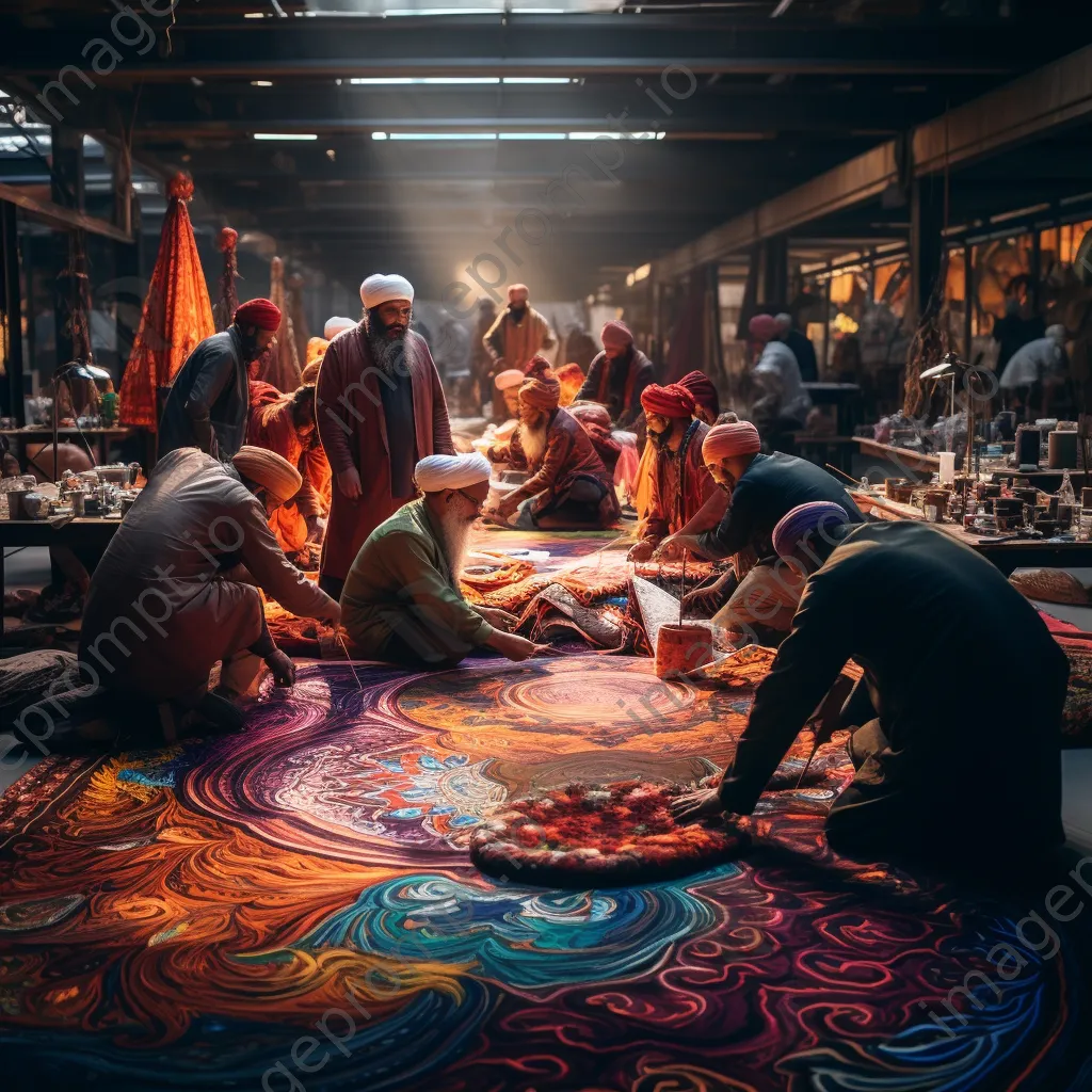 Artisans collaborating on weaving a large carpet. - Image 1