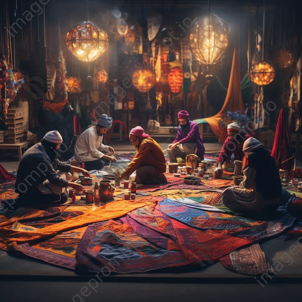 Artisans collaborating on weaving a large carpet. - Image 2