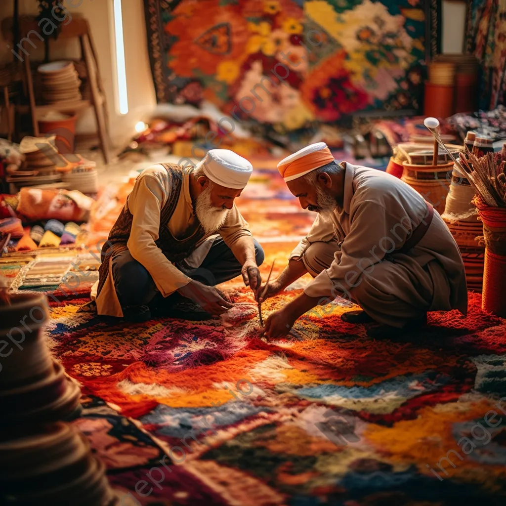 Artisans collaborating on weaving a large carpet. - Image 3