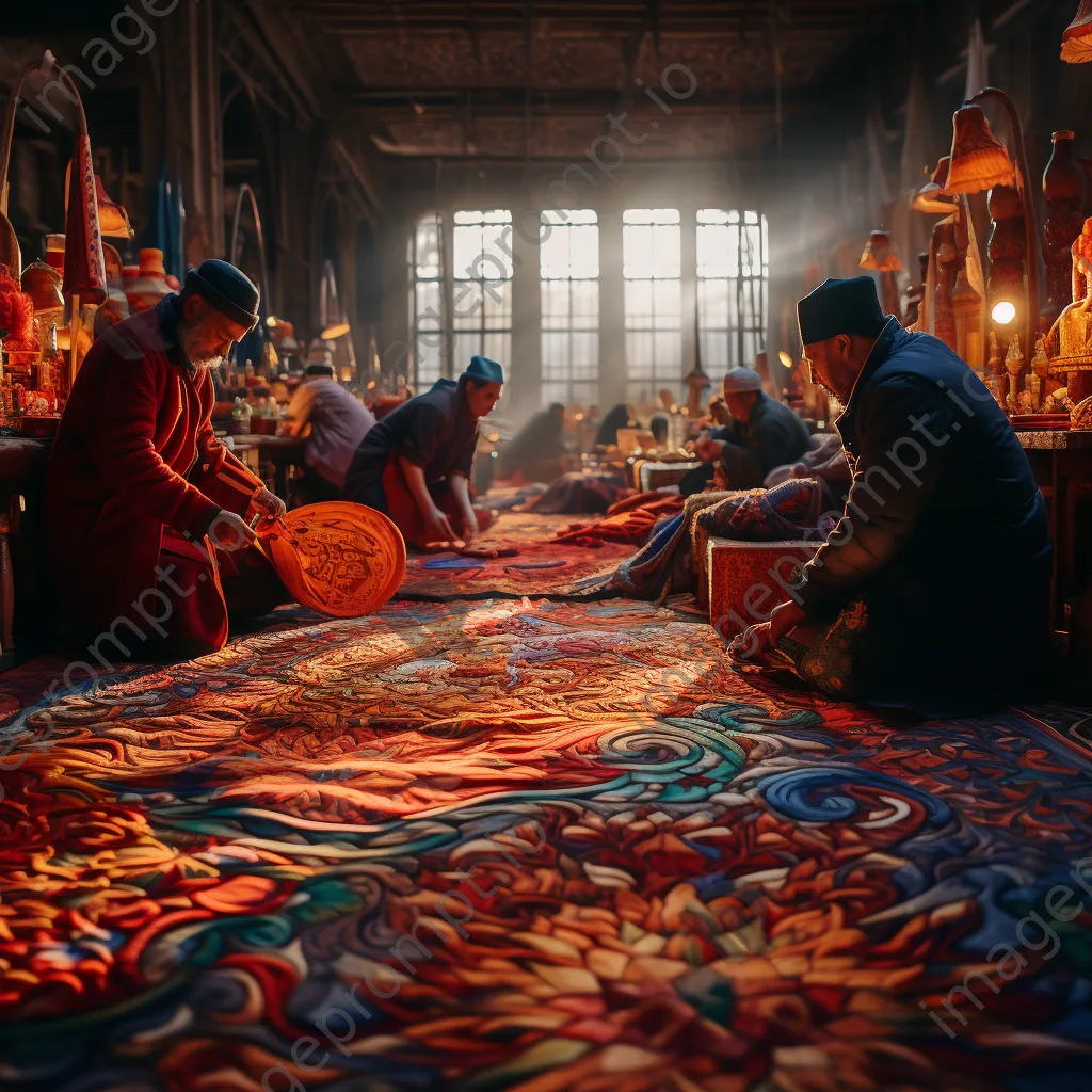 Artisans collaborating on weaving a large carpet. - Image 4