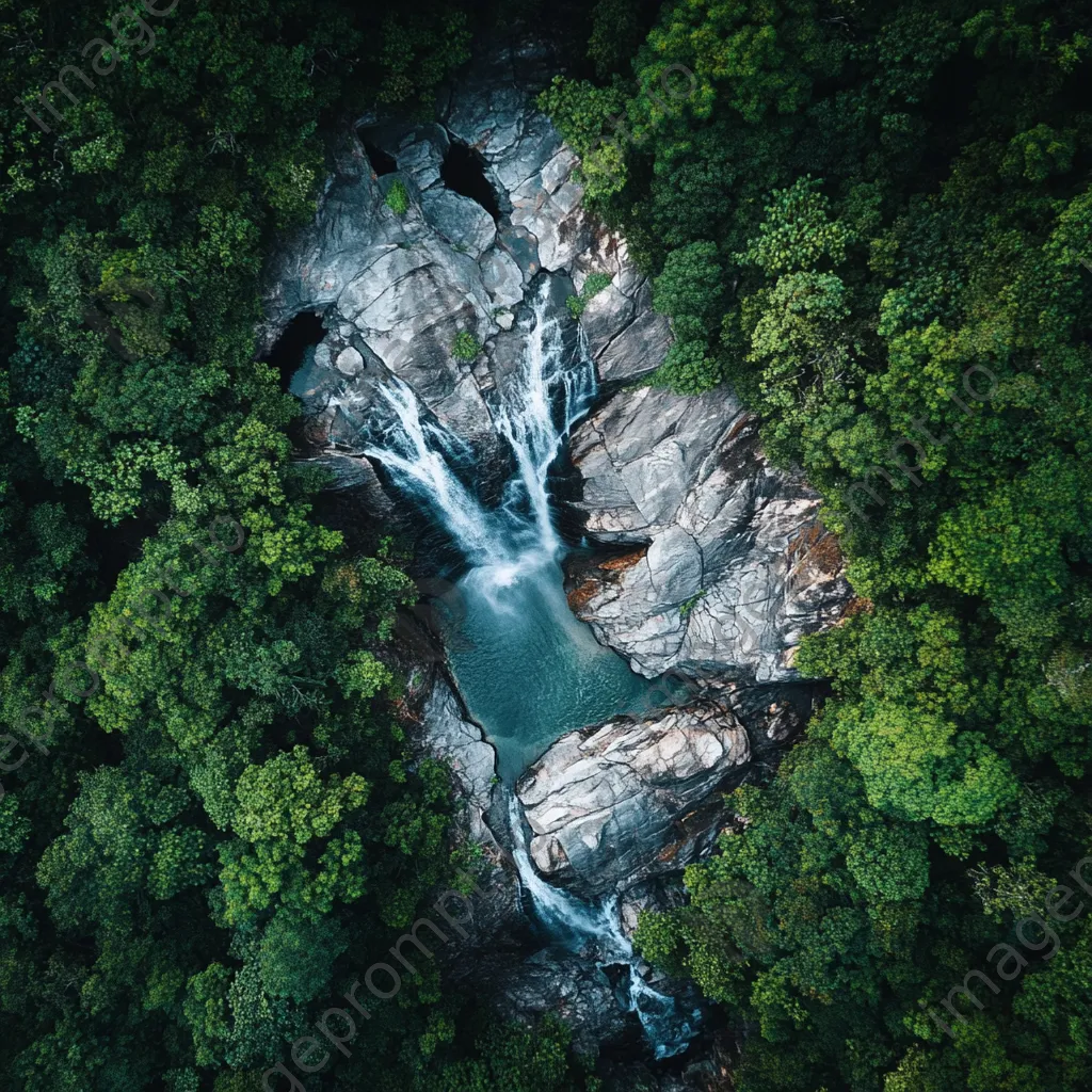 Aerial view of a cascading mountain waterfall and forest - Image 1