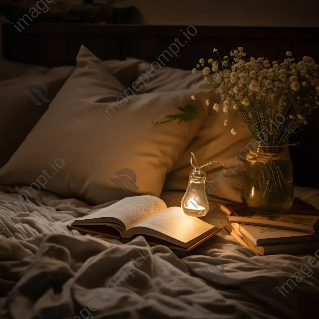 Top view of a cozy bedroom with bedding, pillows, and book on a nightstand - Image 2