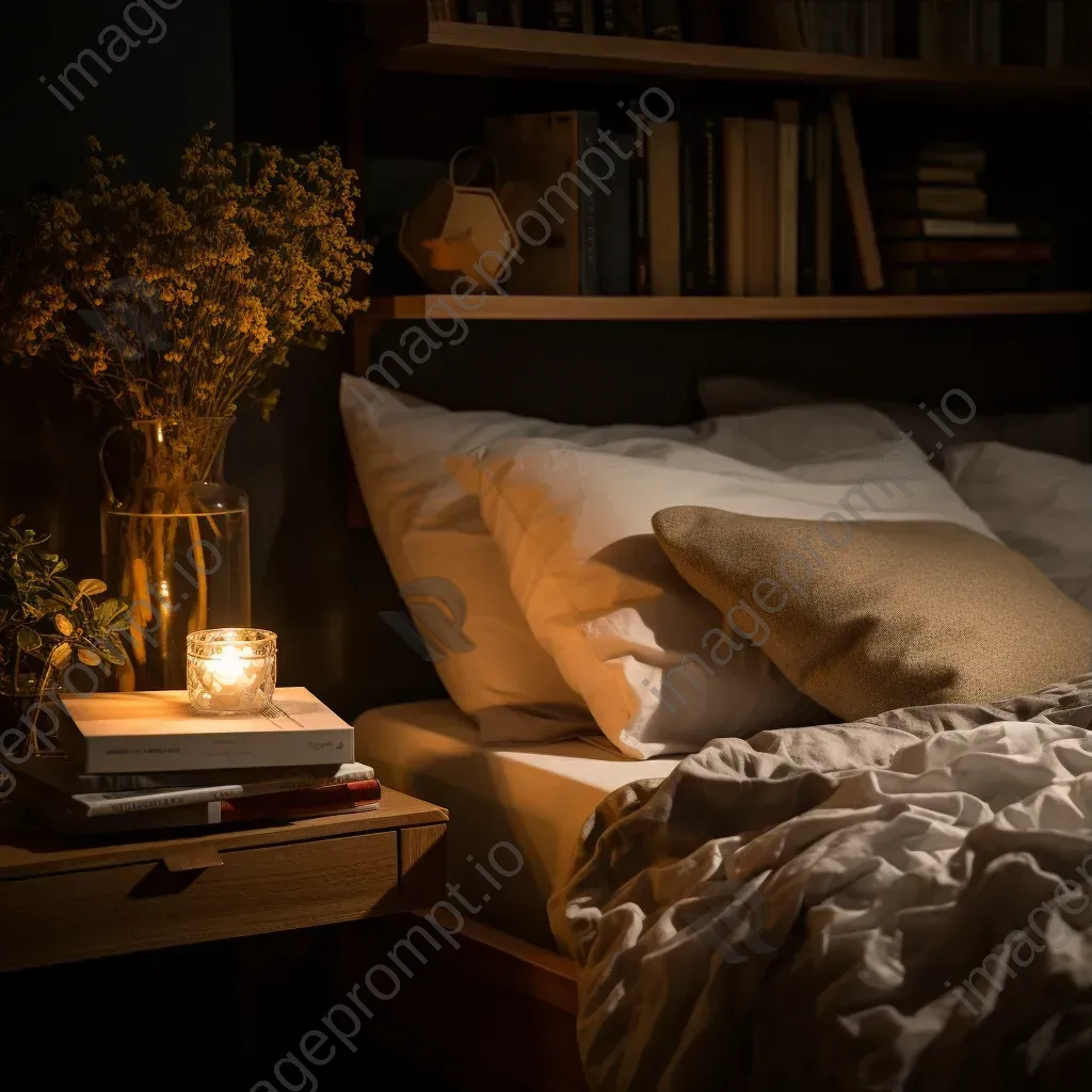 Top view of a cozy bedroom with bedding, pillows, and book on a nightstand - Image 3