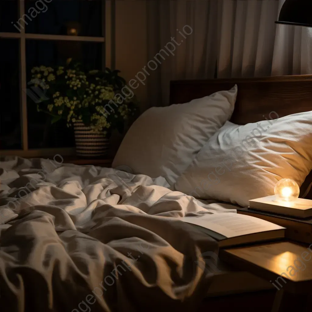 Top view of a cozy bedroom with bedding, pillows, and book on a nightstand - Image 4