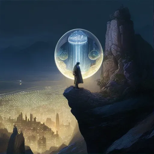 Image of an aged prophet standing on a rocky cliff with a glowing crystal orb showing a futuristic city - Image 1