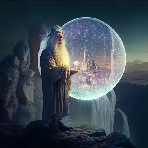 Image of an aged prophet standing on a rocky cliff with a glowing crystal orb showing a futuristic city - Image 4