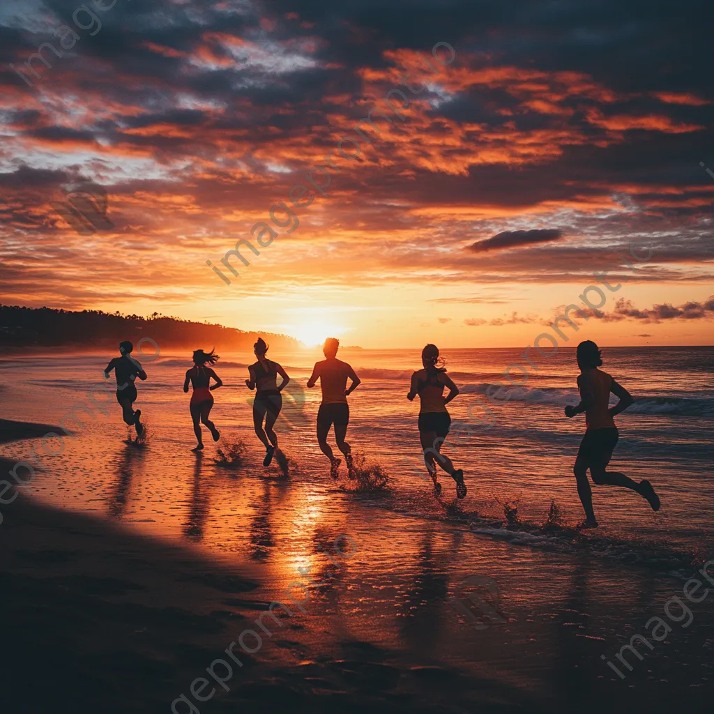 Silhouette of friends running along the beach during sunset - Image 2