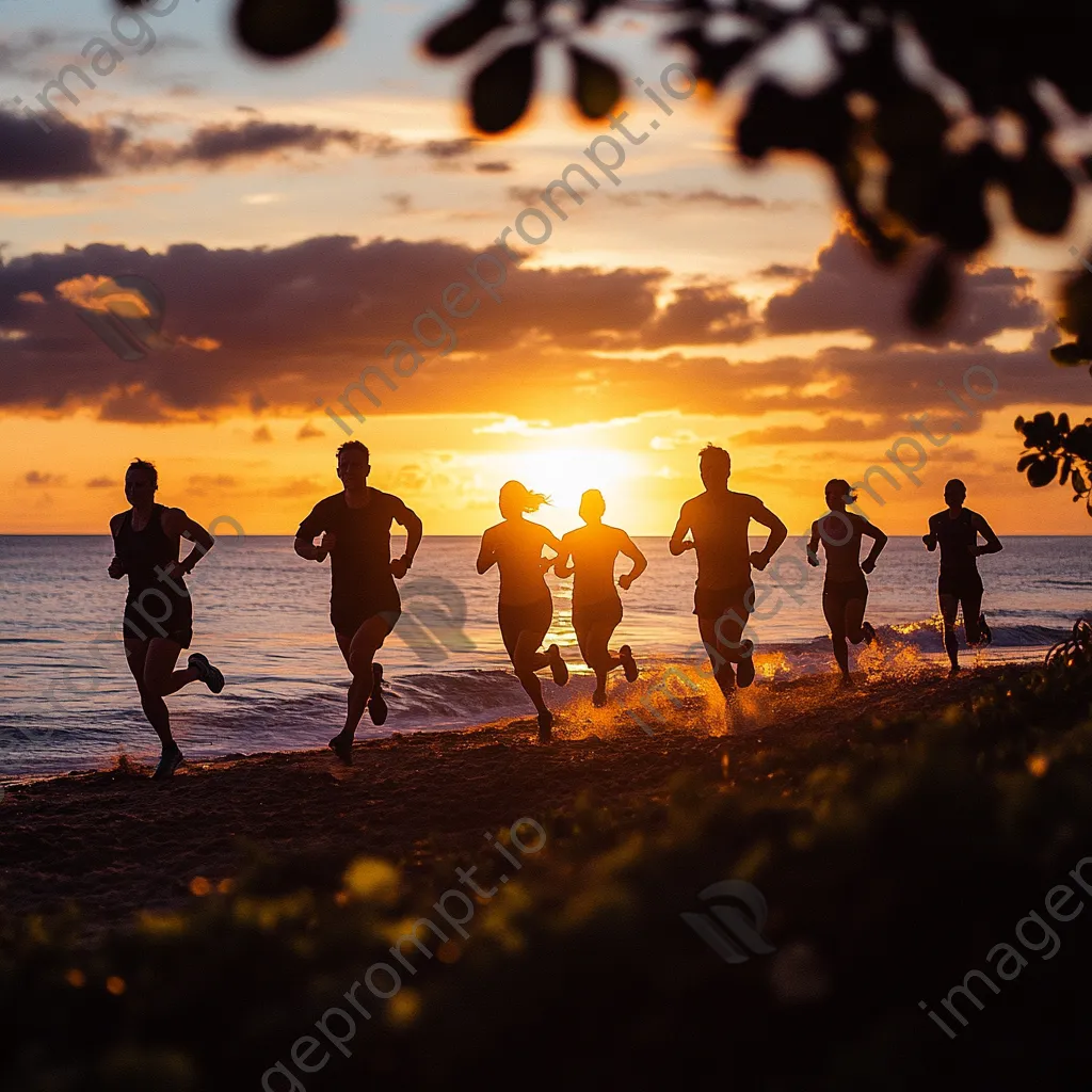 Silhouette of friends running along the beach during sunset - Image 3