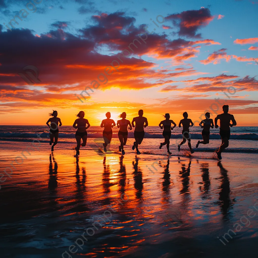 Silhouette of friends running along the beach during sunset - Image 4