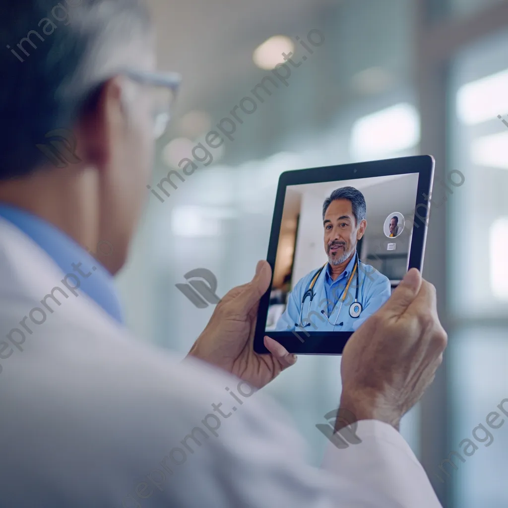 Doctor on video call reviewing tablet data - Image 1