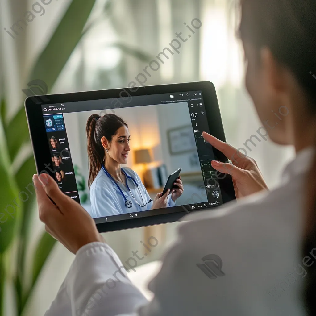 Doctor on video call reviewing tablet data - Image 3