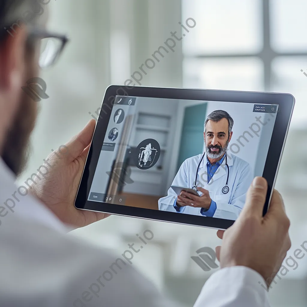 Doctor on video call reviewing tablet data - Image 4