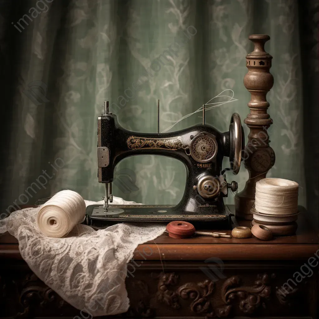 Vintage sewing machine with spools of thread, antique scissors on lace fabric - Image 1