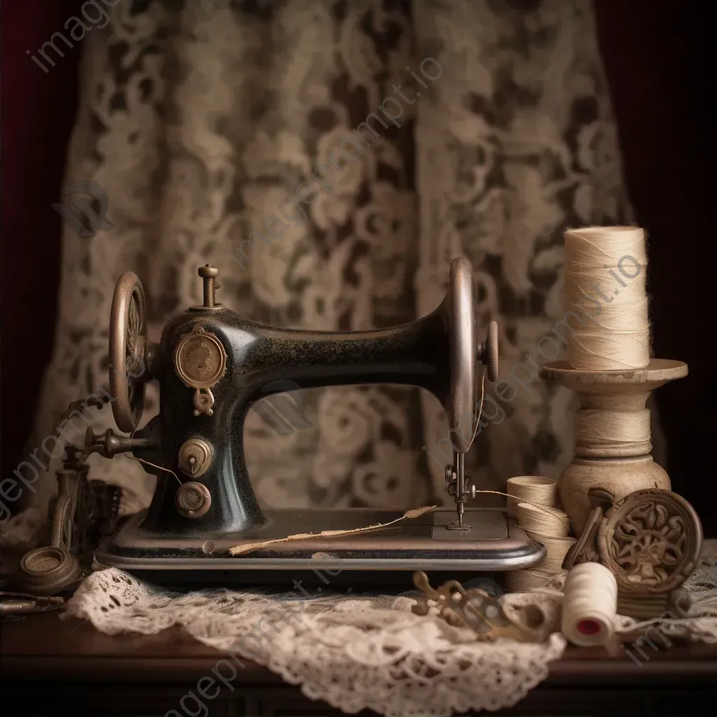 Vintage sewing machine with spools of thread, antique scissors on lace fabric - Image 2