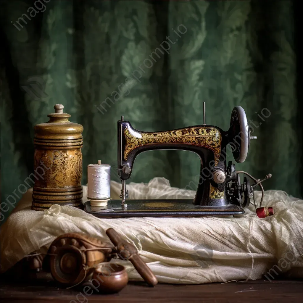 Vintage sewing machine with spools of thread, antique scissors on lace fabric - Image 4