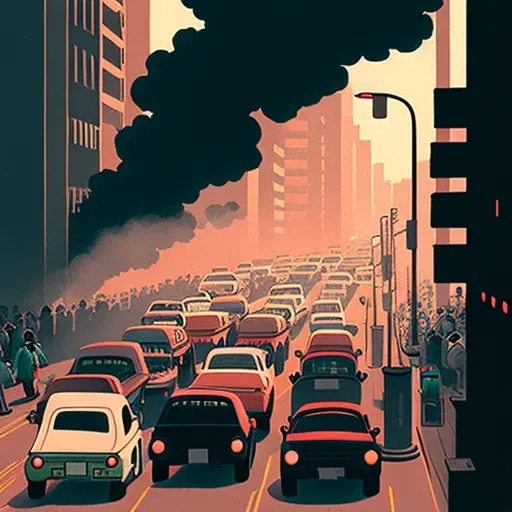 Traffic jam in a city with rows of vehicles emitting fumes - Image 1