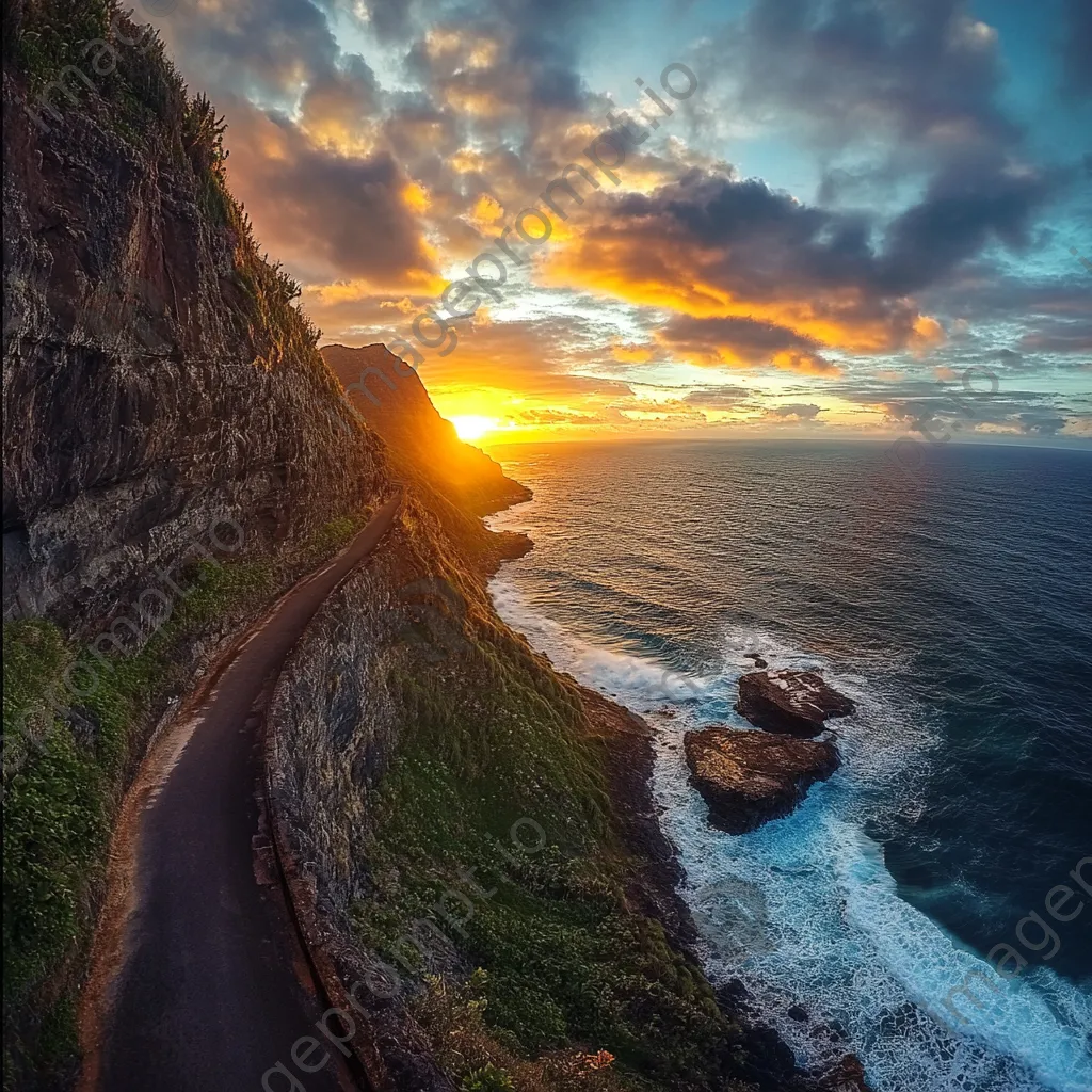 Mountain pass along cliff edge with sunset and ocean - Image 1