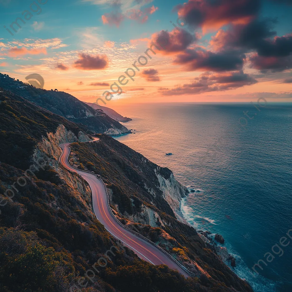 Mountain pass along cliff edge with sunset and ocean - Image 2