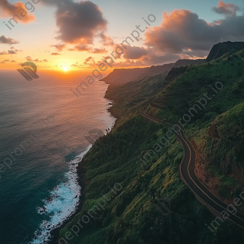 Mountain pass along cliff edge with sunset and ocean - Image 3