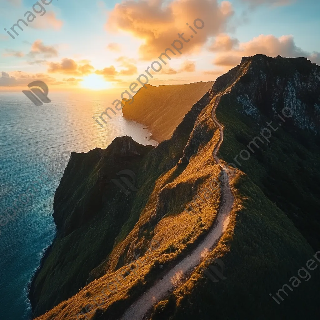 Mountain pass along cliff edge with sunset and ocean - Image 4