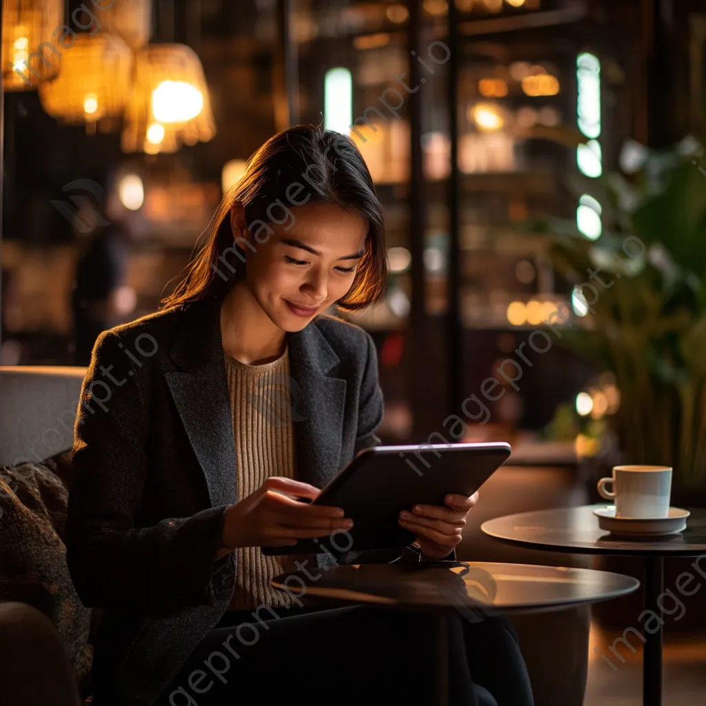 Employee enjoying a creative moment with coffee and a tablet - Image 2