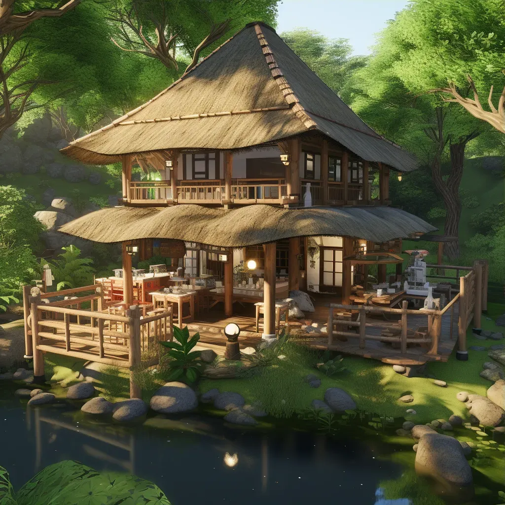 Image of a simple tea house with a thatched roof, nestled amidst a peaceful bamboo forest - Image 3