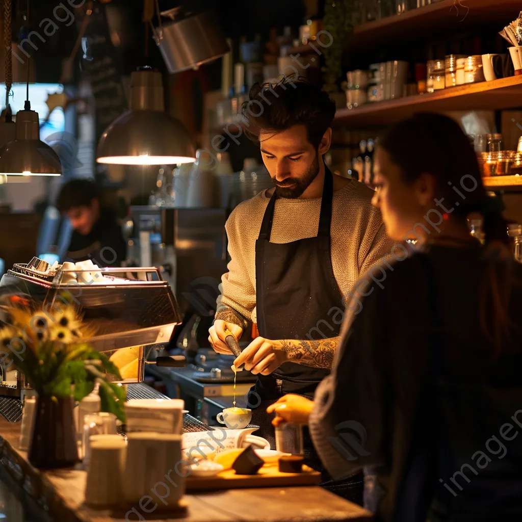 A barista skillfully making coffee while a customer waits. - Image 3