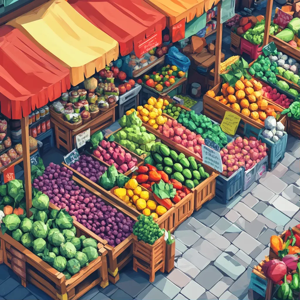 Low poly isometric view of a vibrant food market bustling with activity - Image 1