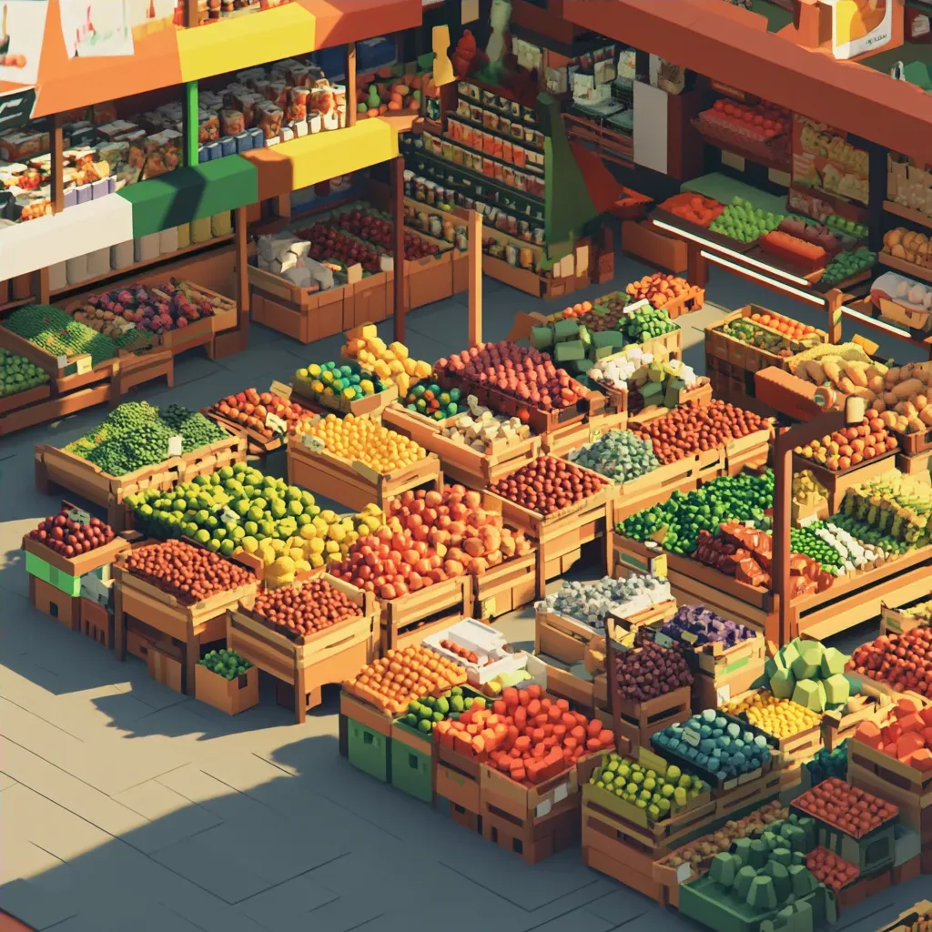 Low poly isometric view of a vibrant food market bustling with activity - Image 4