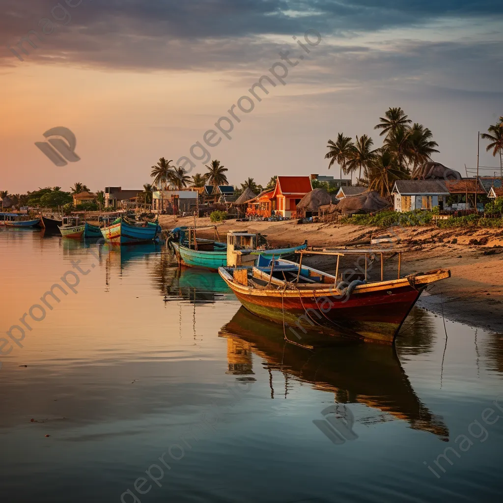 Fishing village with colorful thatched roofs at dusk - Image 1