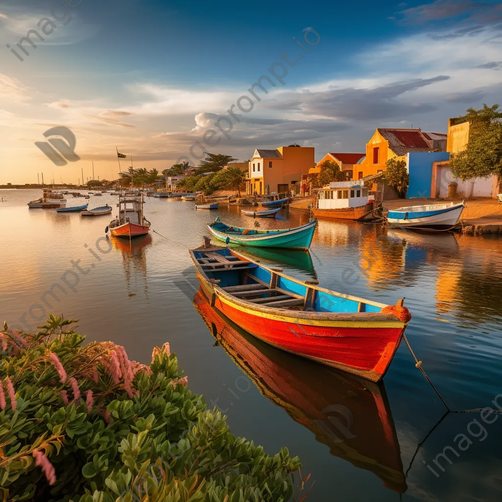 Fishing village with colorful thatched roofs at dusk - Image 2