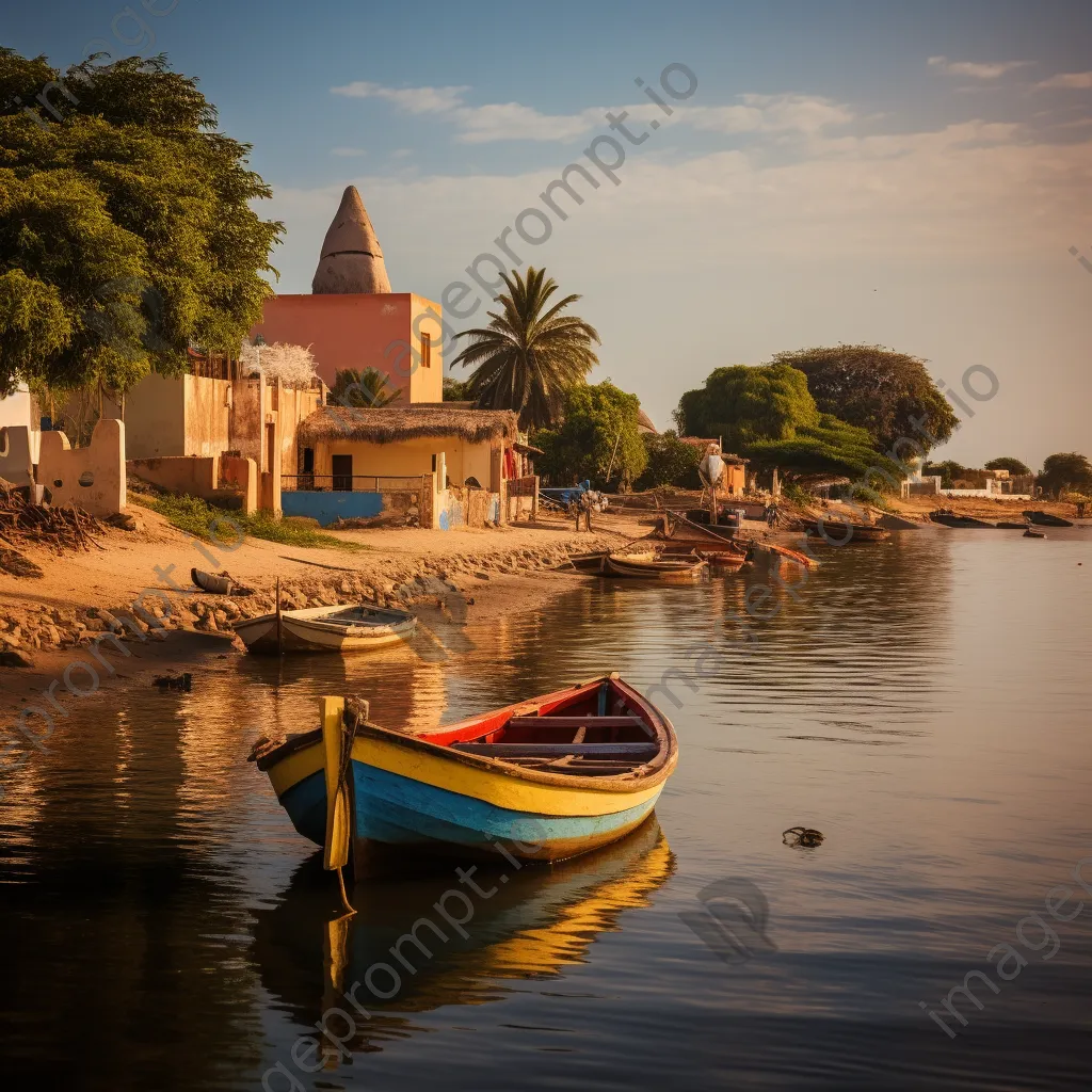 Fishing village with colorful thatched roofs at dusk - Image 4