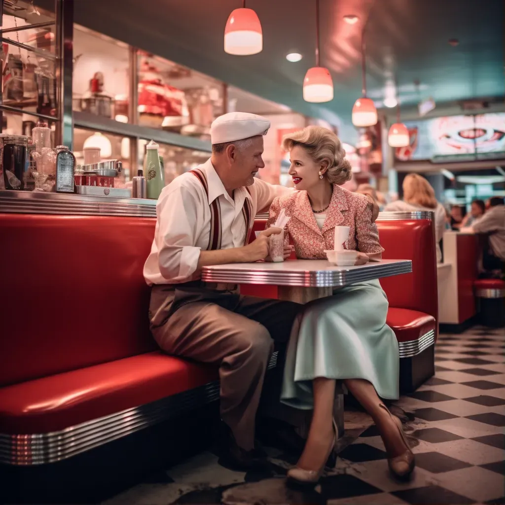 Vintage portrait of a nostalgic couple in 1960s diner - Image 1