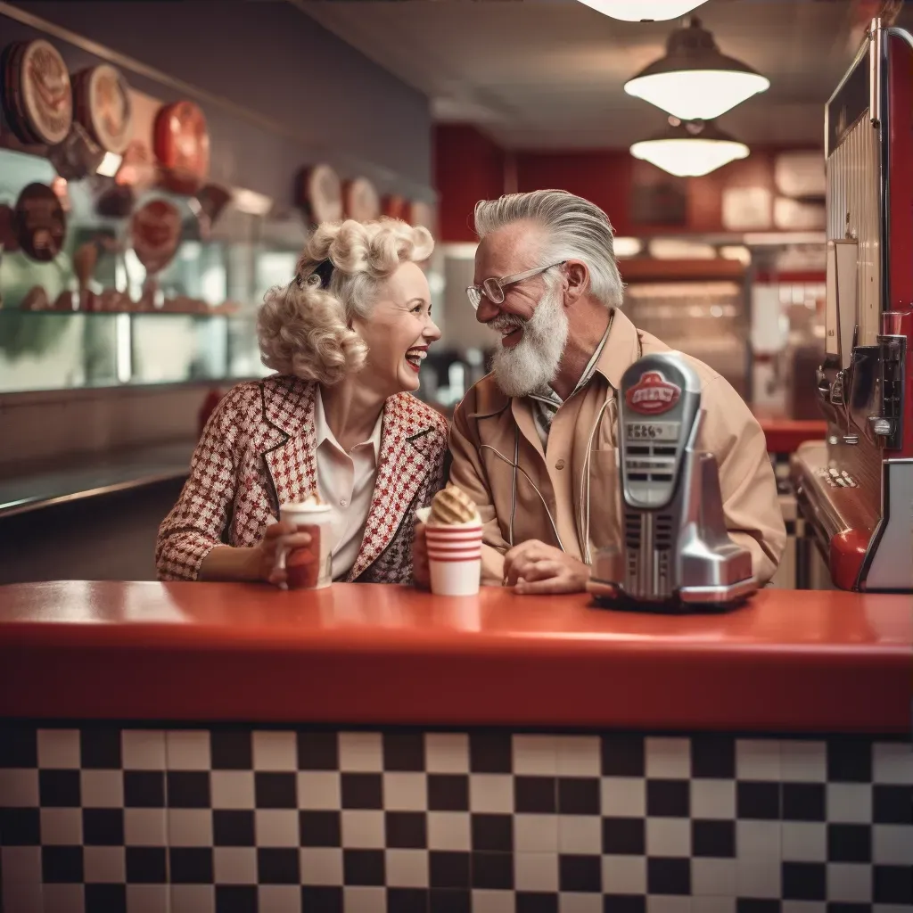 Vintage portrait of a nostalgic couple in 1960s diner - Image 3