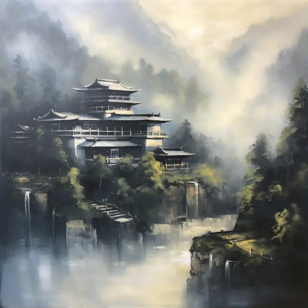 Image of a peaceful Zen monastery in misty mountains - Image 1