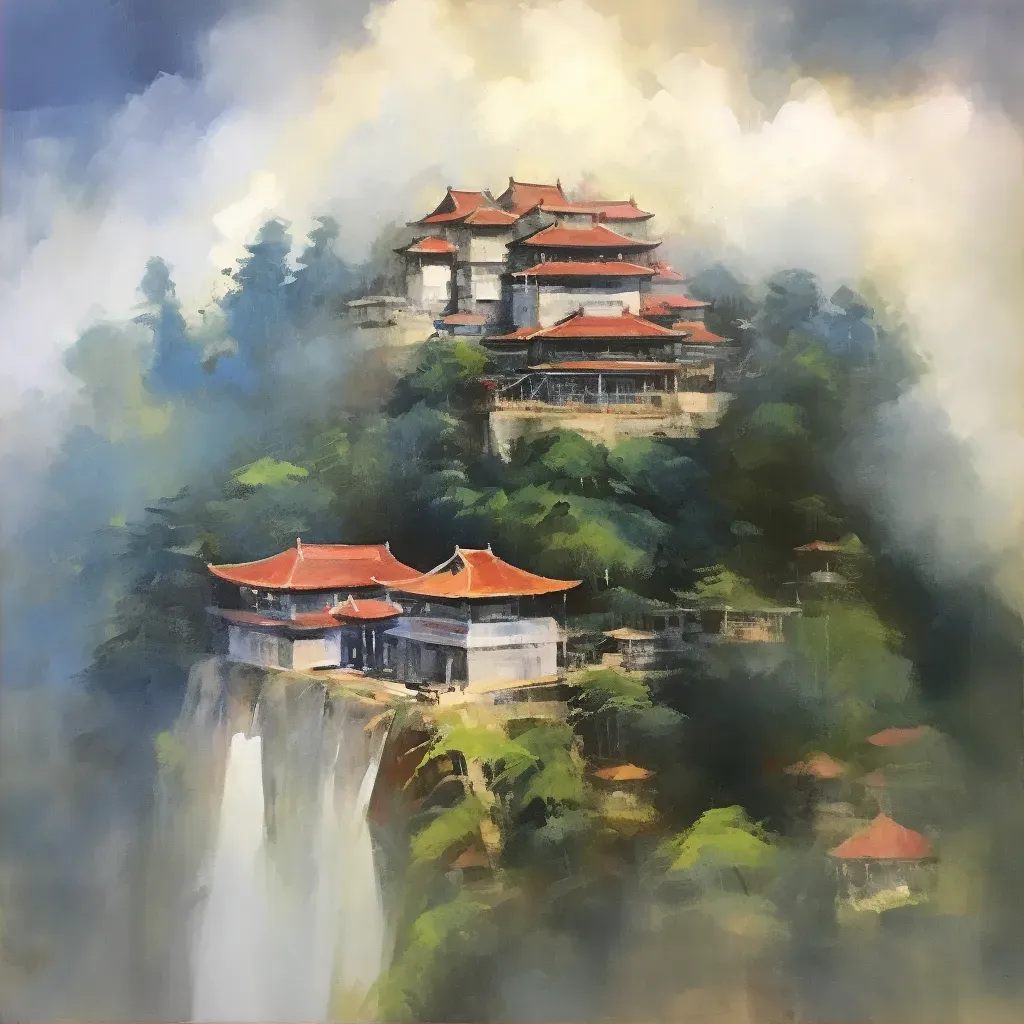 Image of a peaceful Zen monastery in misty mountains - Image 2