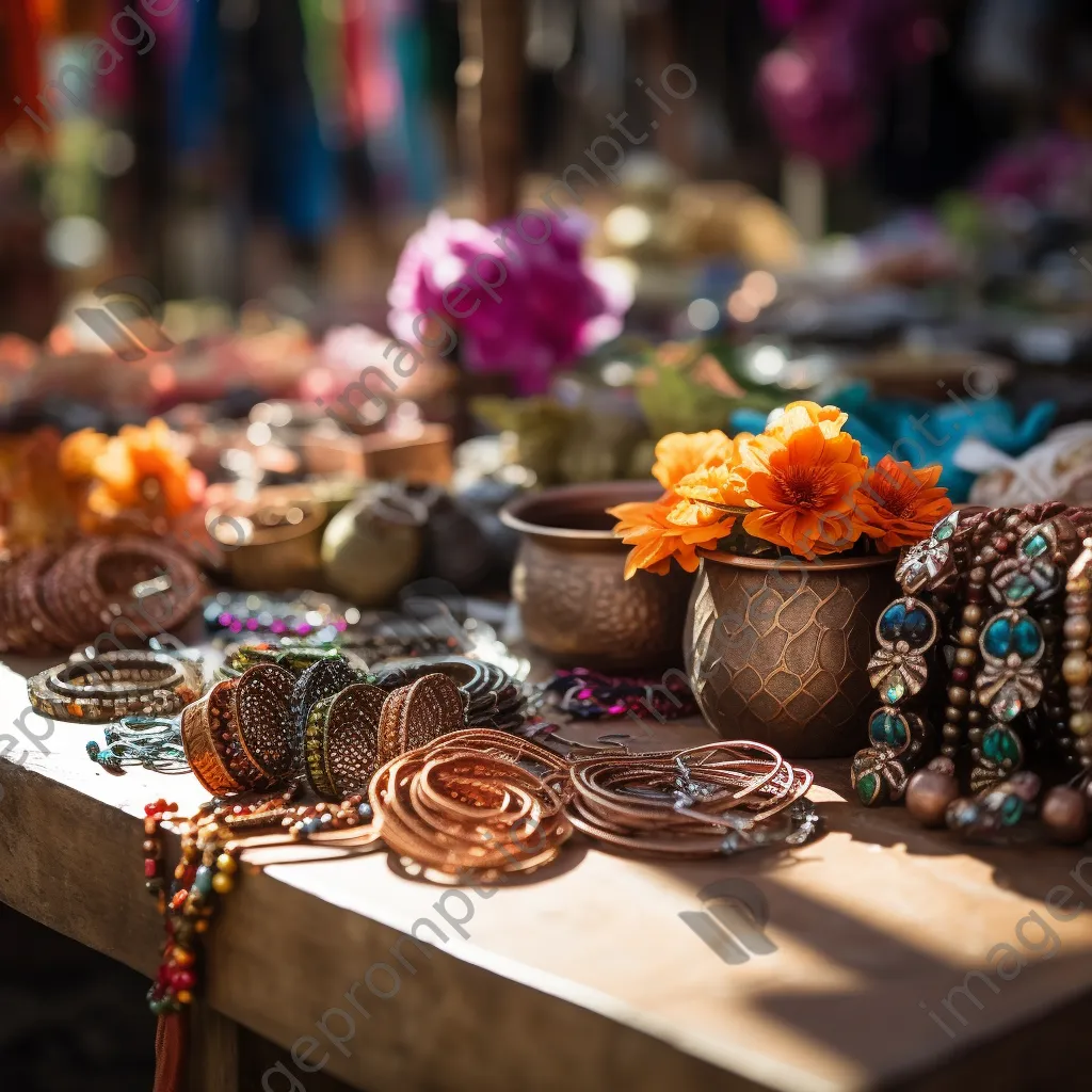 Handcrafted copper jewelry at a market with colorful fabrics - Image 2