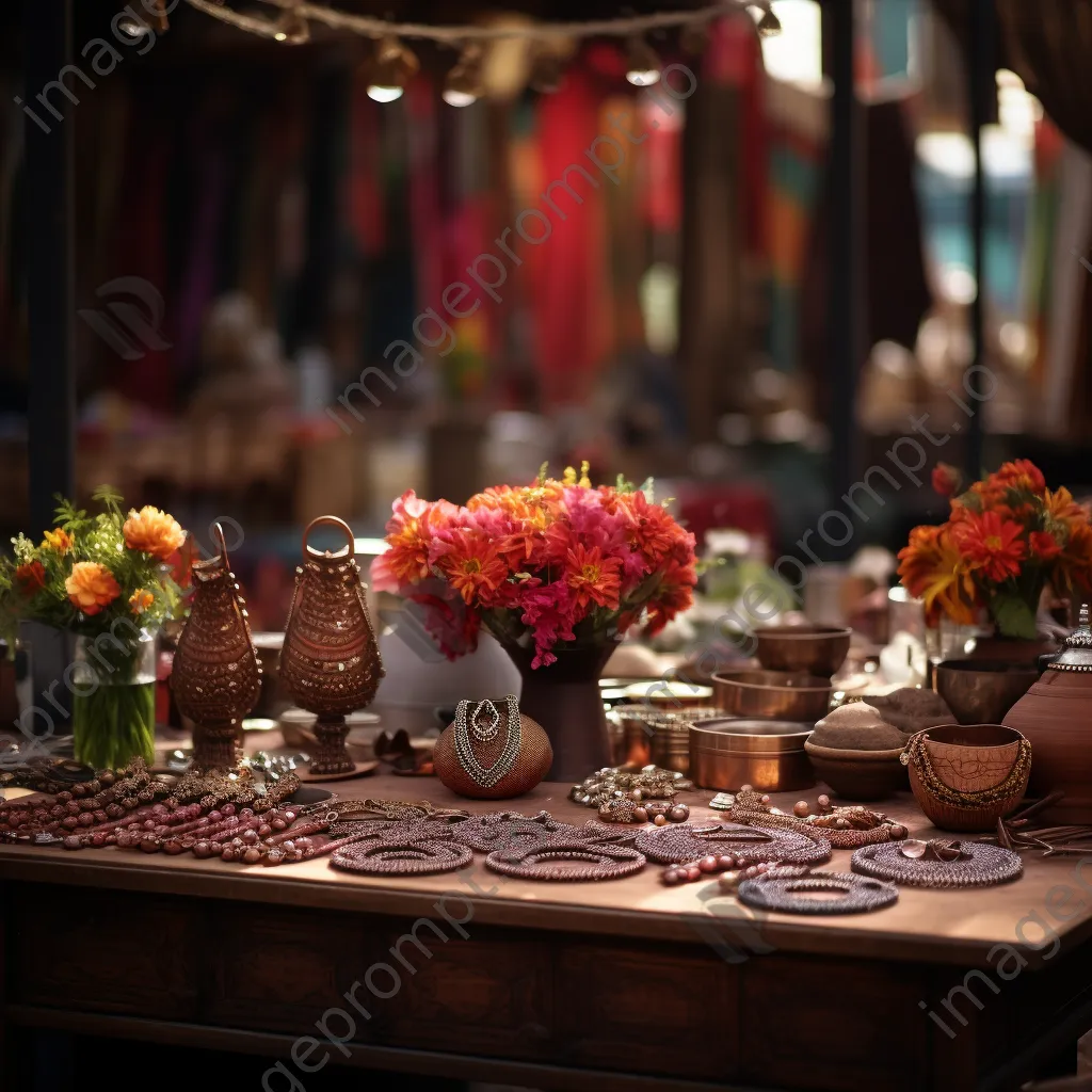 Handcrafted copper jewelry at a market with colorful fabrics - Image 3