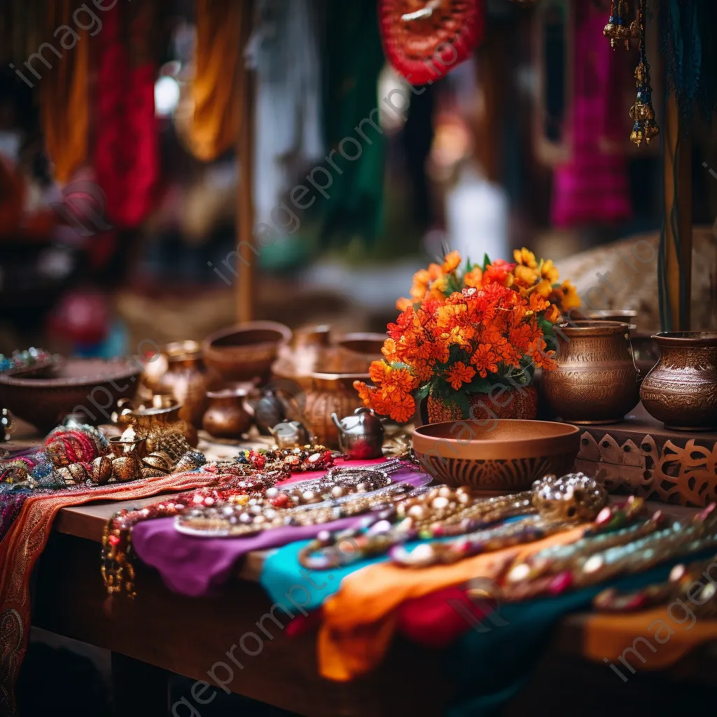 Handcrafted copper jewelry at a market with colorful fabrics - Image 4