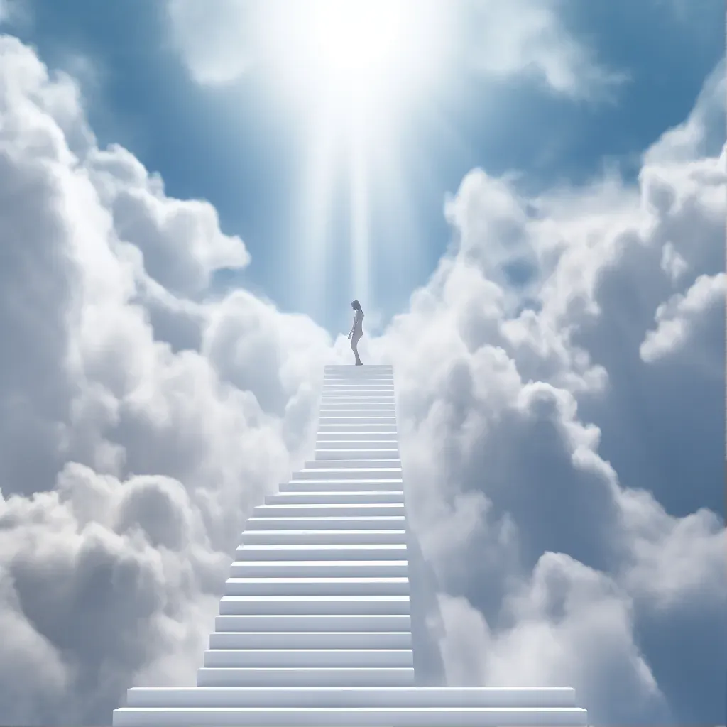 Human figure climbing staircase of clouds towards radiant light - Image 1