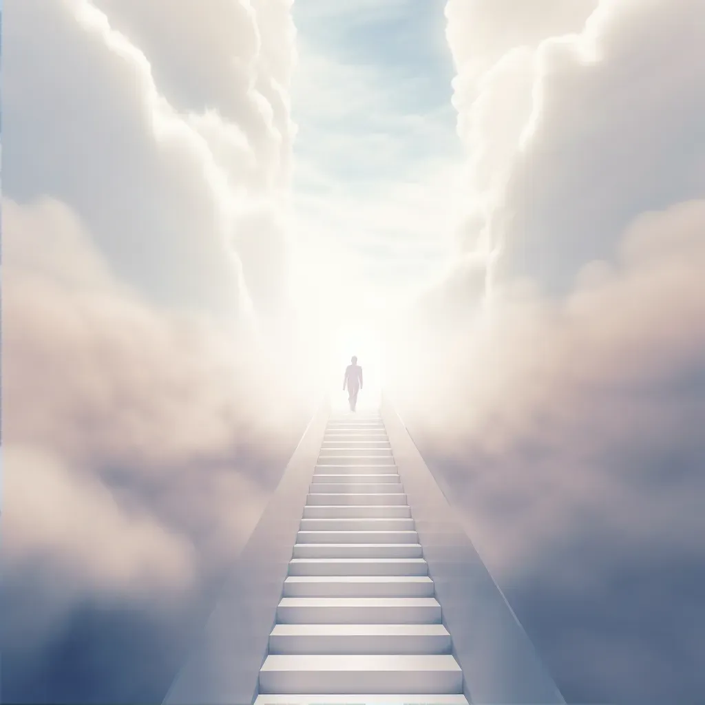 Human figure climbing staircase of clouds towards radiant light - Image 2