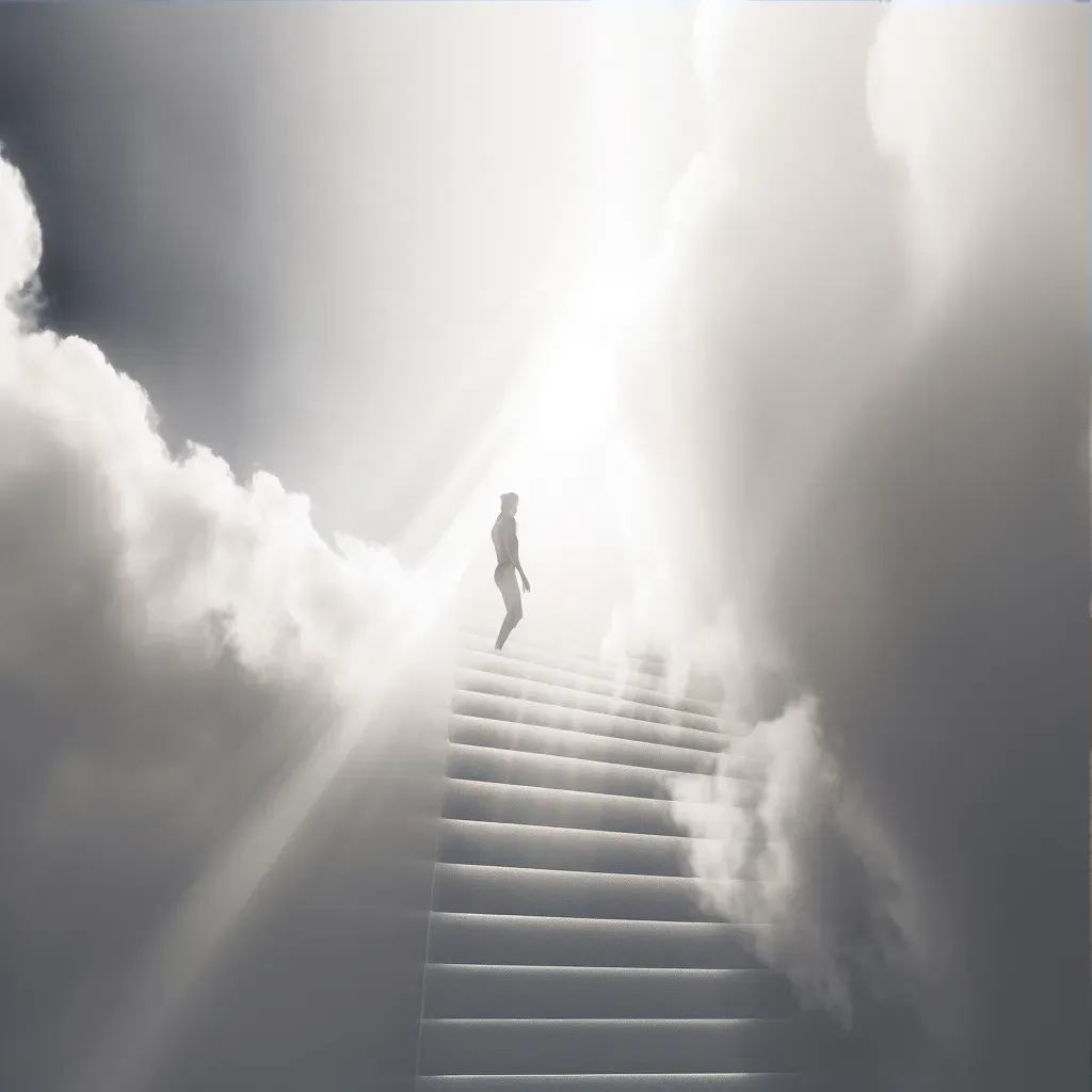 Human figure climbing staircase of clouds towards radiant light - Image 3