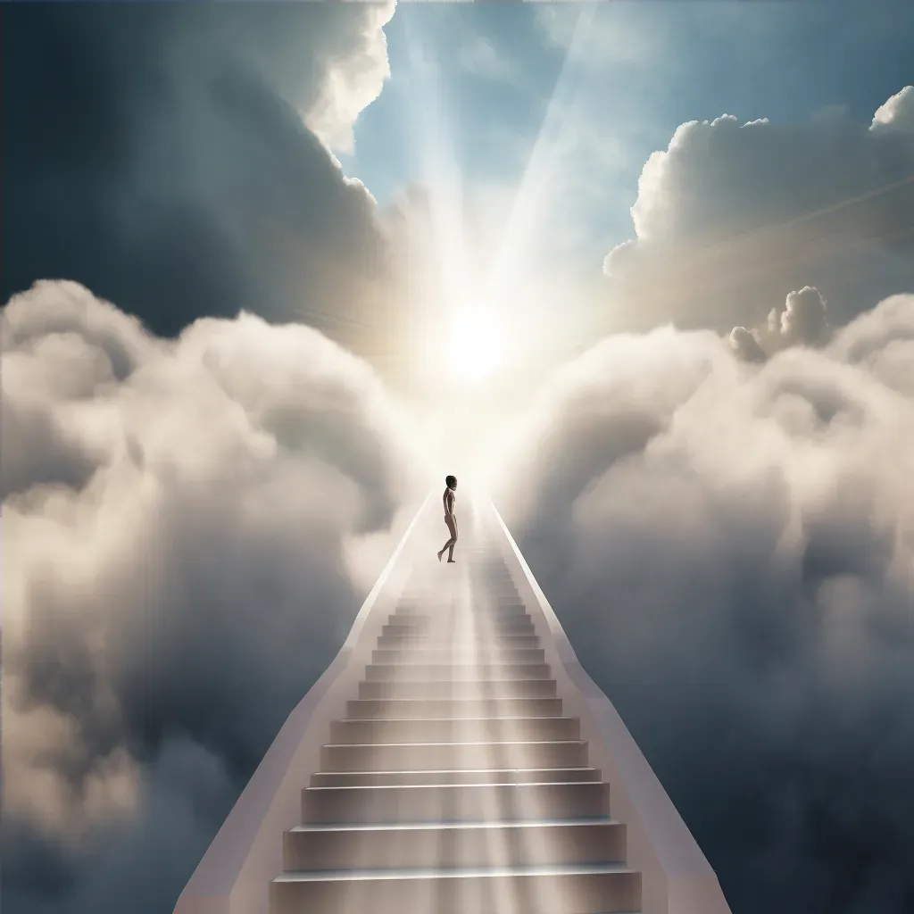 Human figure climbing staircase of clouds towards radiant light - Image 4