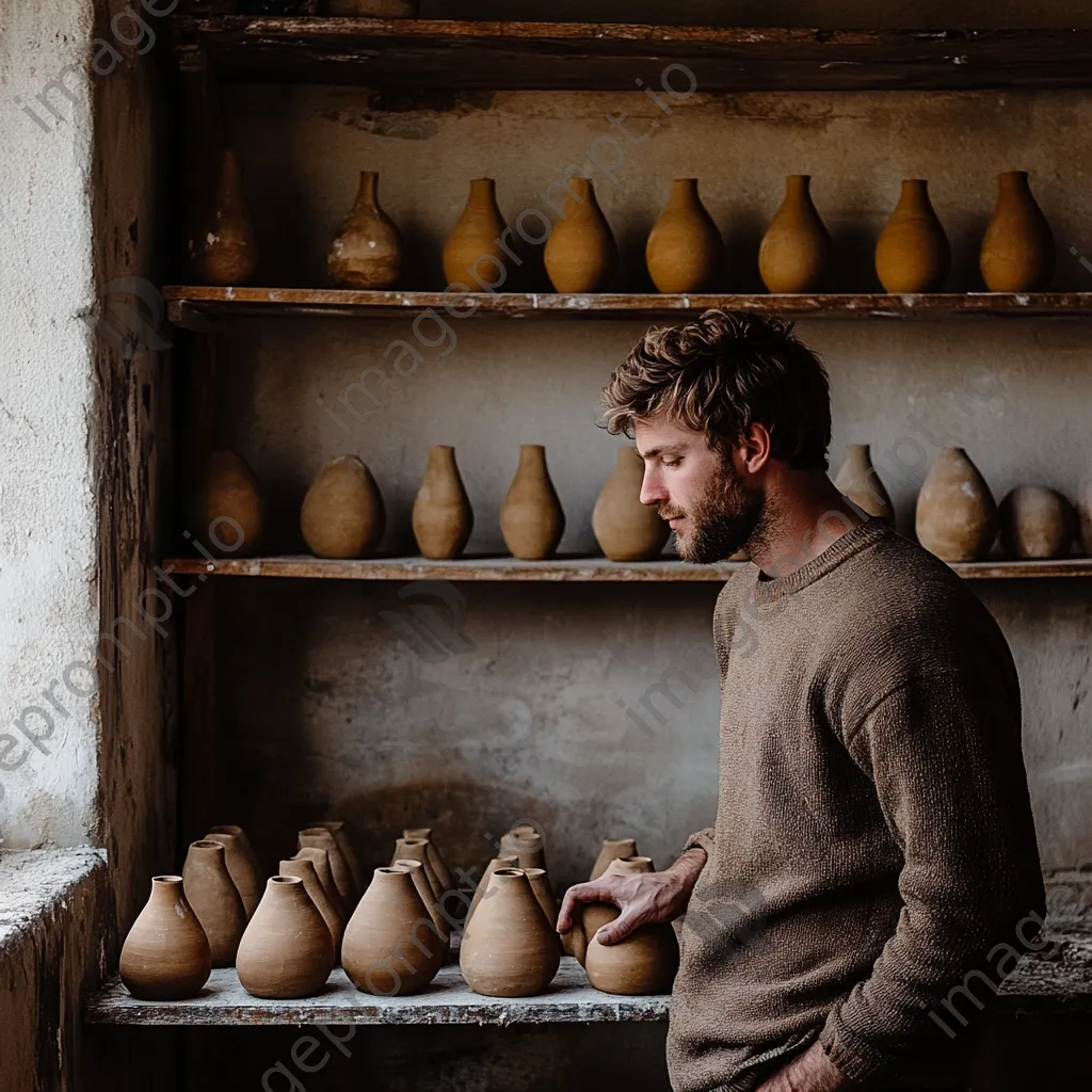 Craftsman checking drying clay vases in a workshop - Image 1