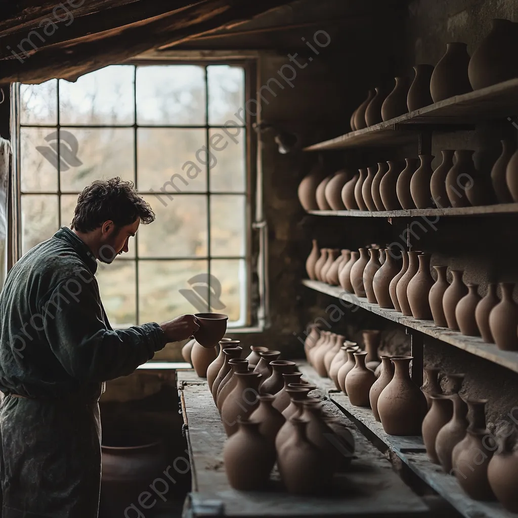 Craftsman checking drying clay vases in a workshop - Image 2