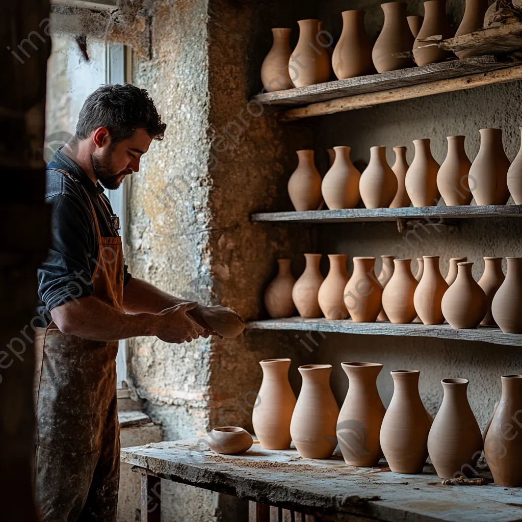 Craftsman checking drying clay vases in a workshop - Image 3